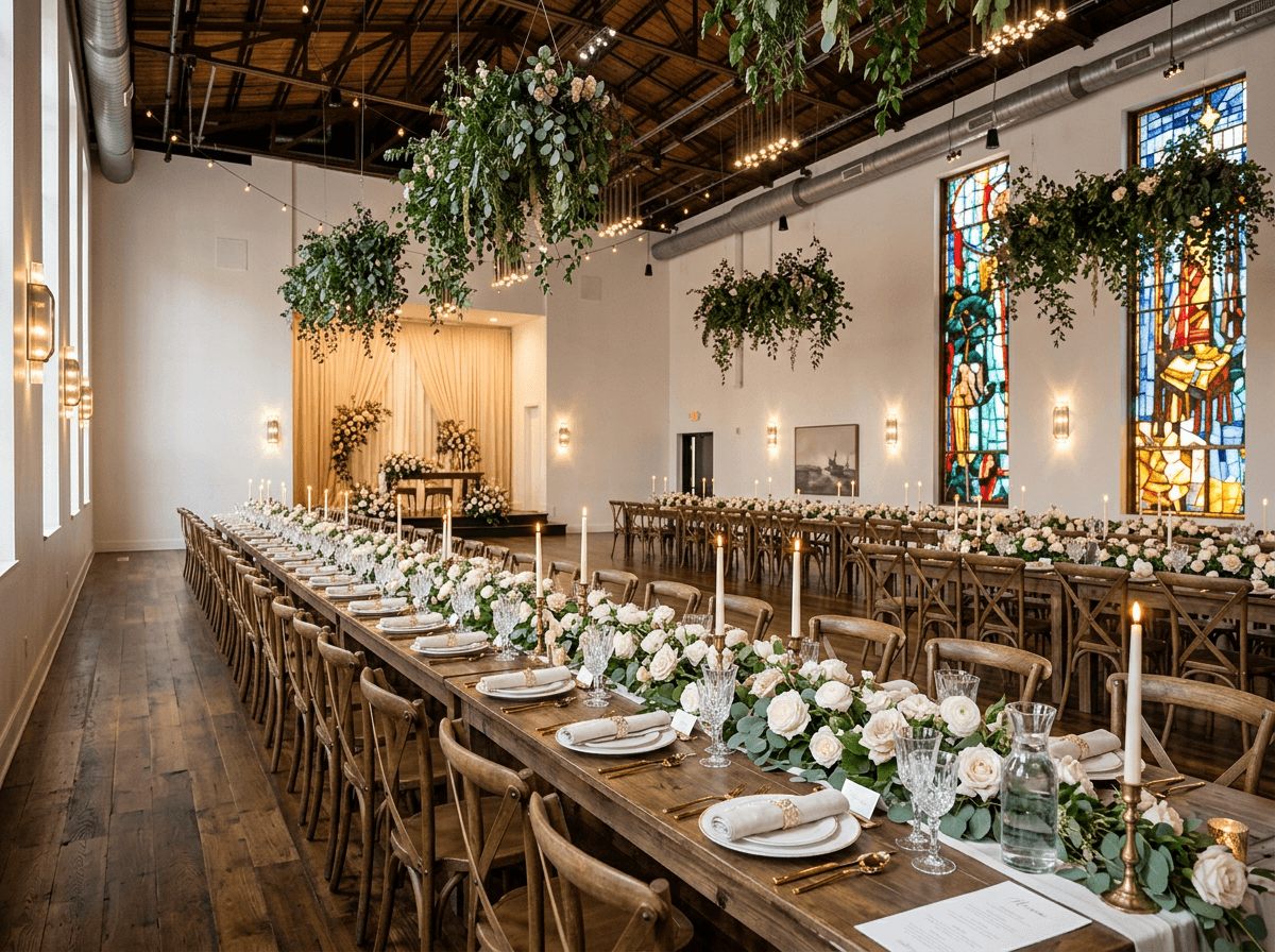 Chatelet hall interior with stained glass and wood floors