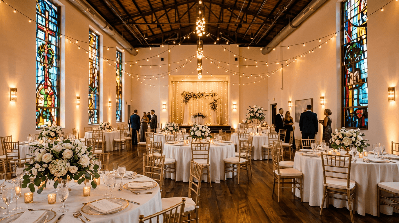 Chatelet main hall with stained glass windows and hardwood floors