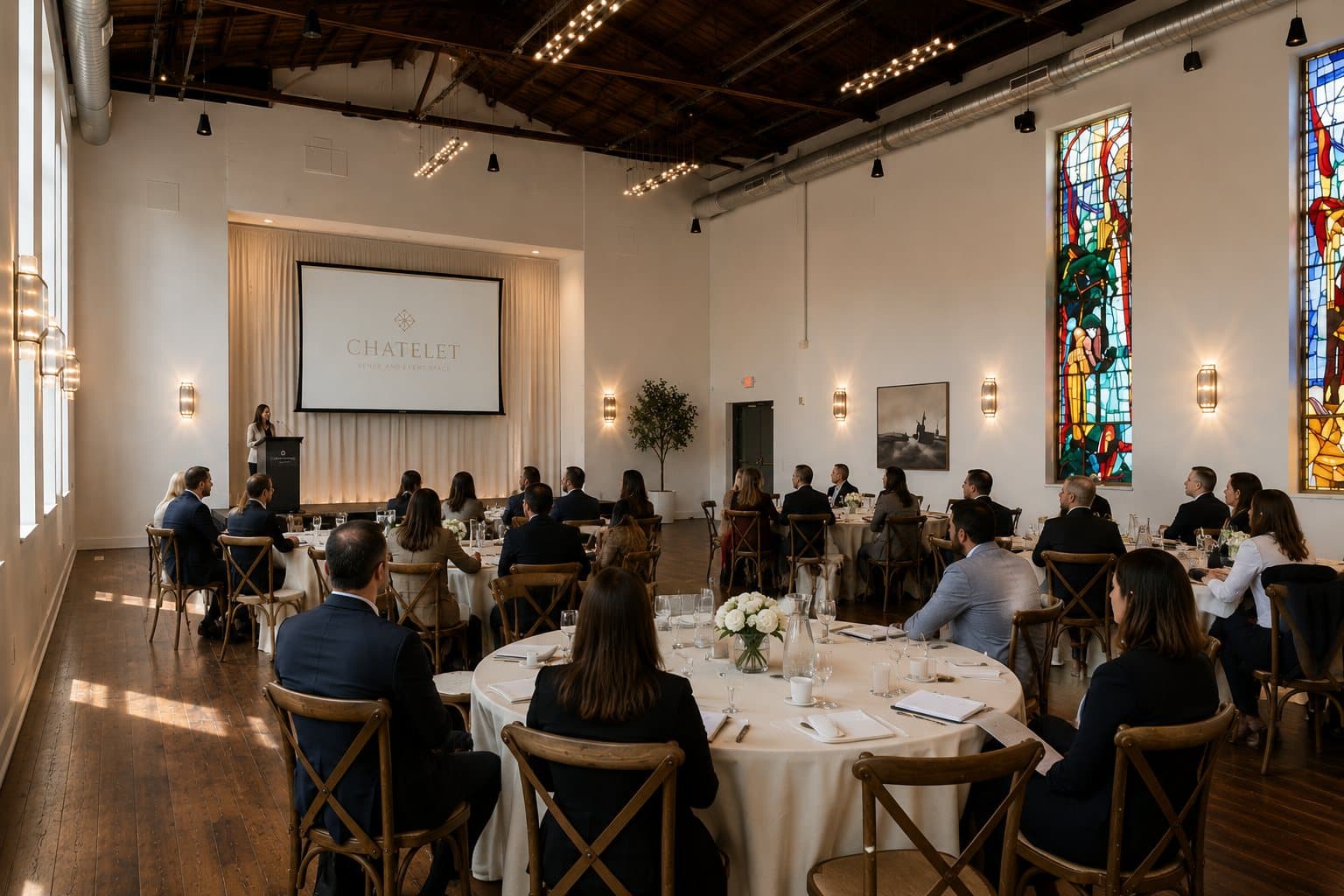 A seated corporate audience watching a presentation in the Châtelet hall