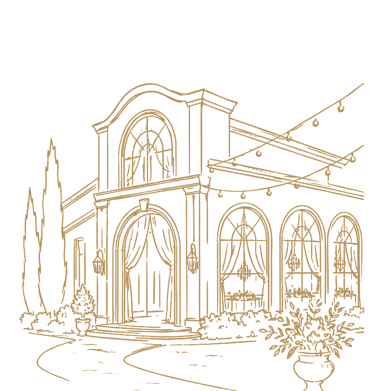 Line drawing of the venue's arched facade with string lights